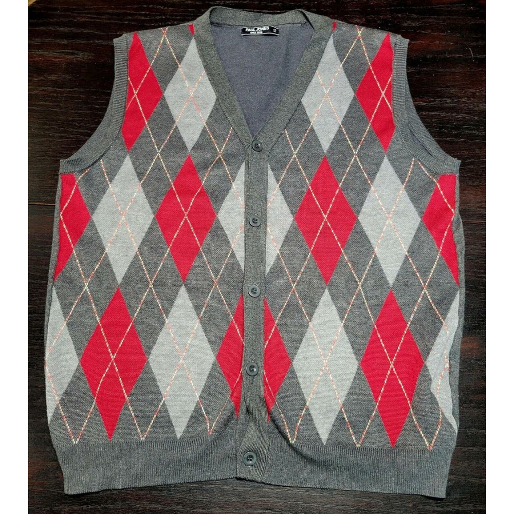 Paul Jones Mens Sweater Vest Cardigan Button Front Knitwear Gray Red Argyle XL